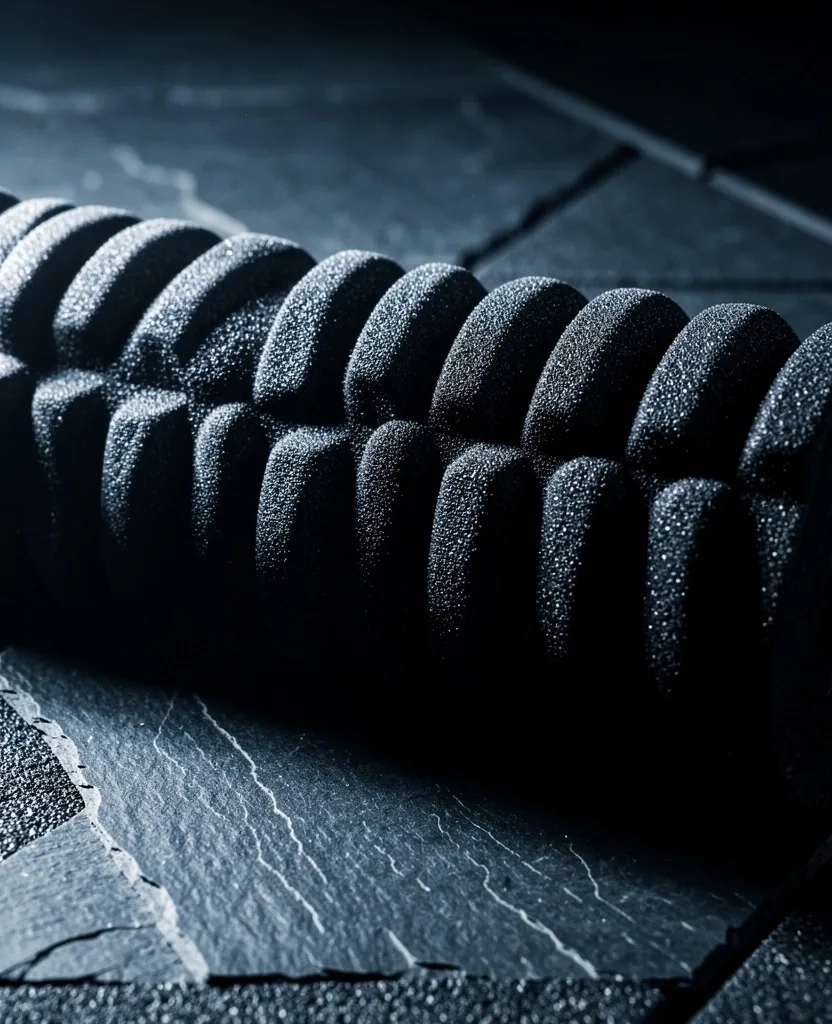 Close-up of a foam roller surface texture under studio lighting