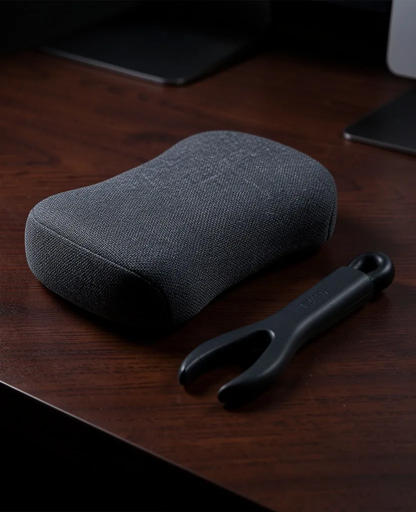 Back support cushion and trigger point hook on a desk surface