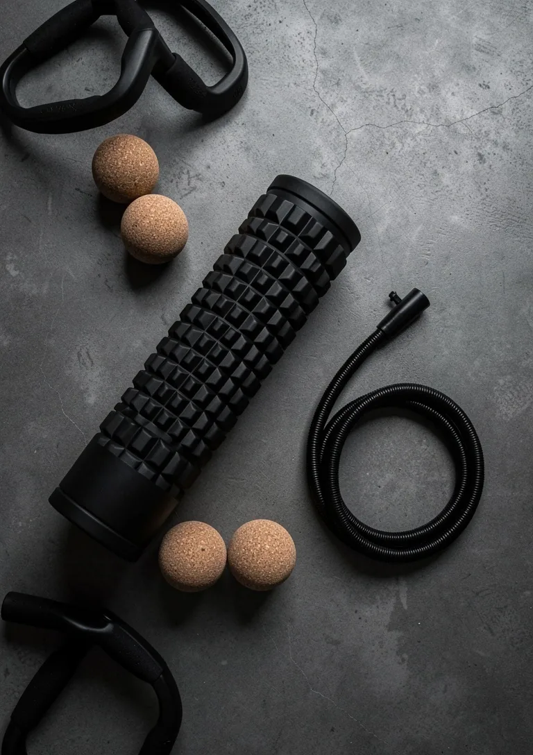 Foam rollers and myofascial release tools on a dark surface