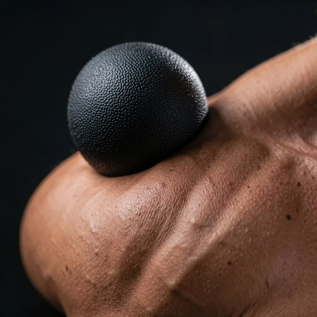 Massage ball pressed against a shoulder muscle to release a trigger point