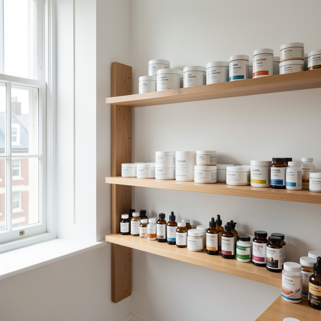 Minimalist wellness studio interior in London, pale walls, wooden shelving with body care products and supplement jars arranged with precision