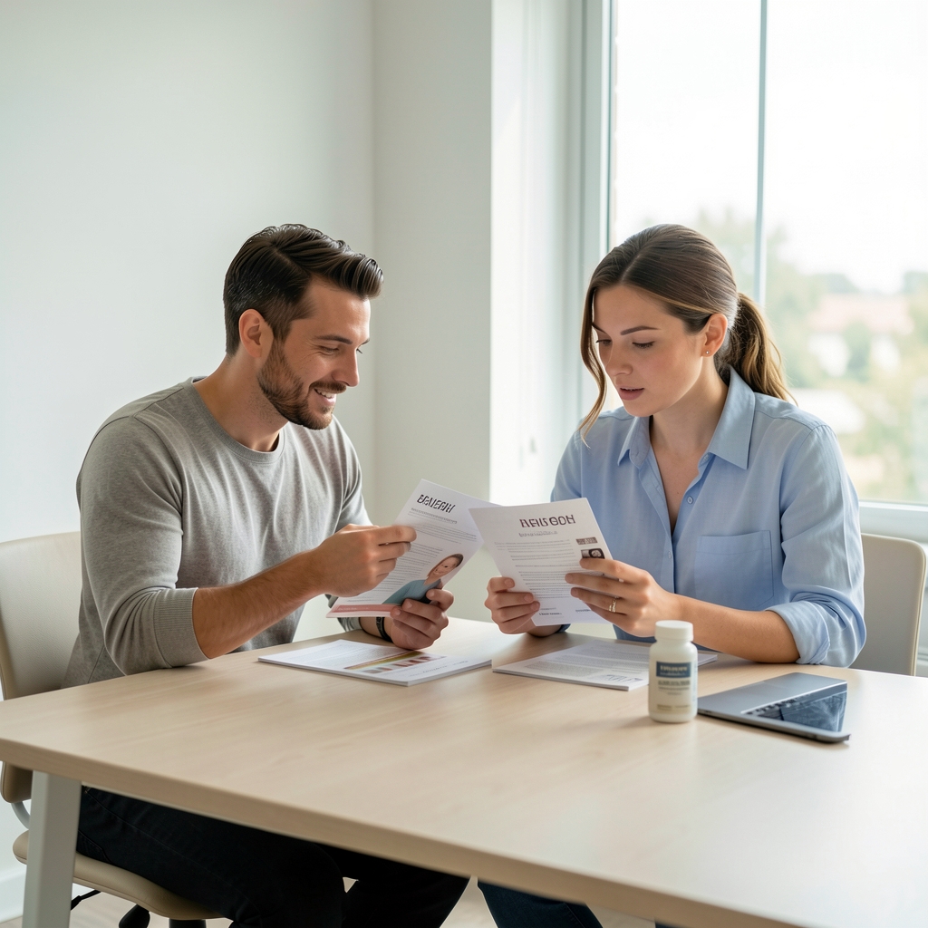 Two wellness catalogue professionals reviewing supplement documentation at a minimal desk with natural light from a large window