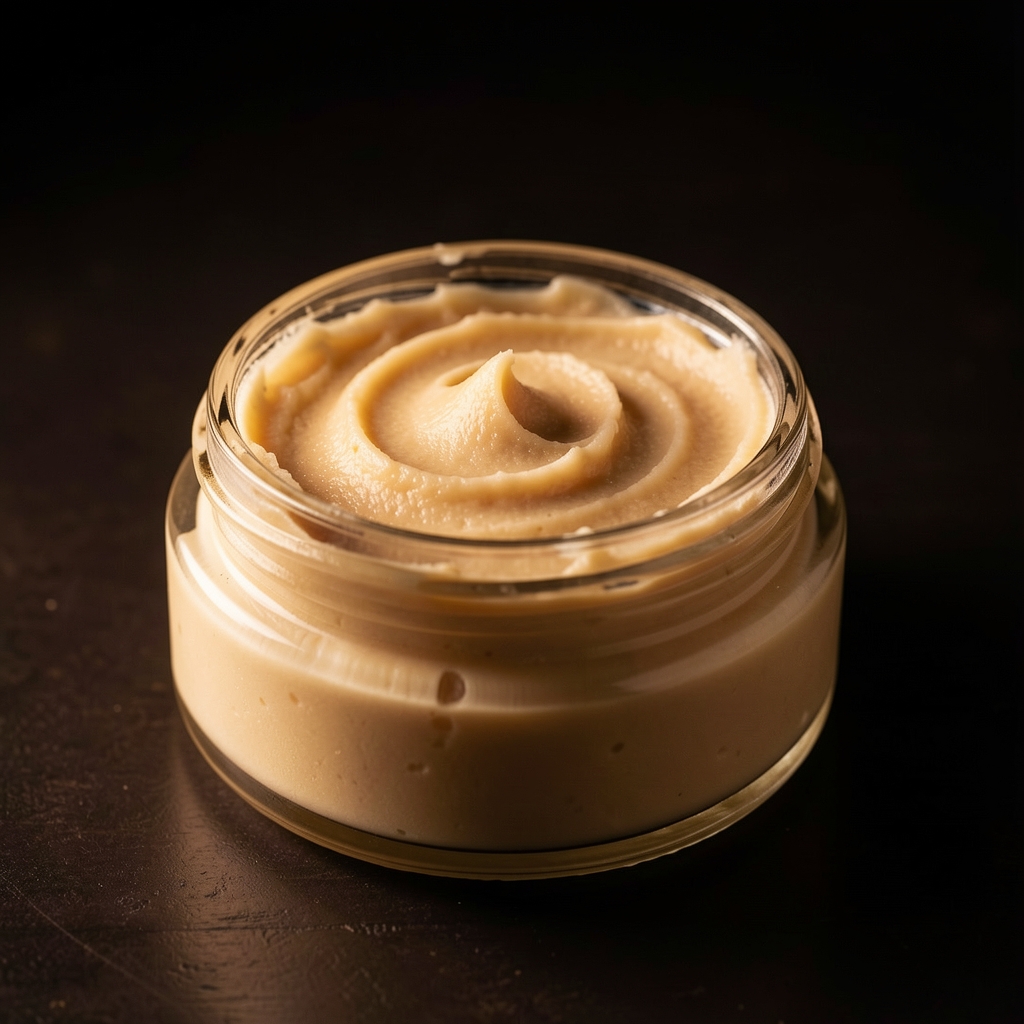 Open jar of nourishing body butter, textured cream visible, dark background with warm side lighting, product photography
