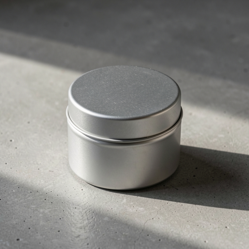 Cylindrical body balm tin on a neutral grey concrete surface, editorial minimal product photography with raking side light
