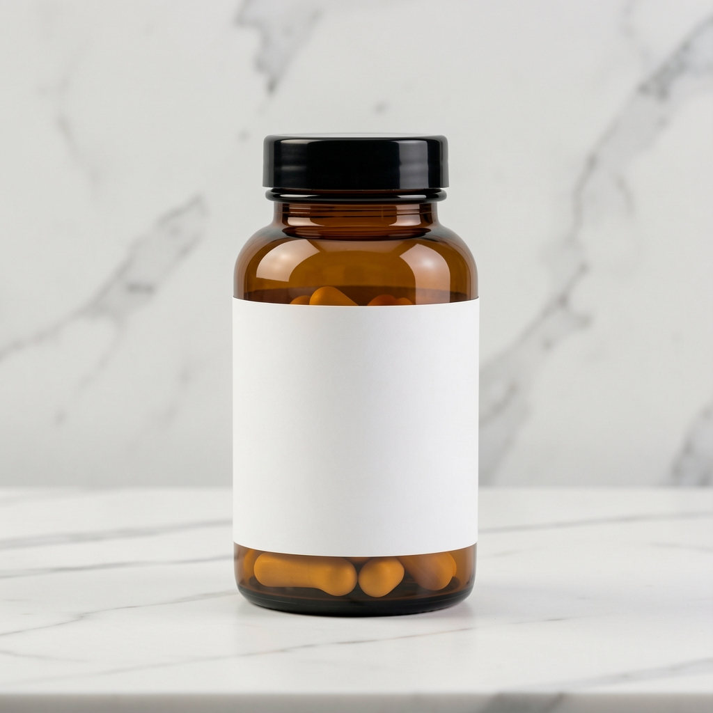 Amber glass vitamin supplement bottle standing on white marble surface, soft overhead studio lighting, editorial product arrangement