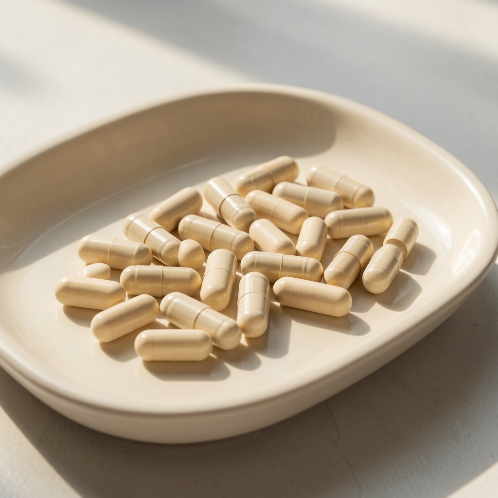 Close arrangement of daily supplement capsules on a pale cream ceramic tray, natural morning light, editorial style